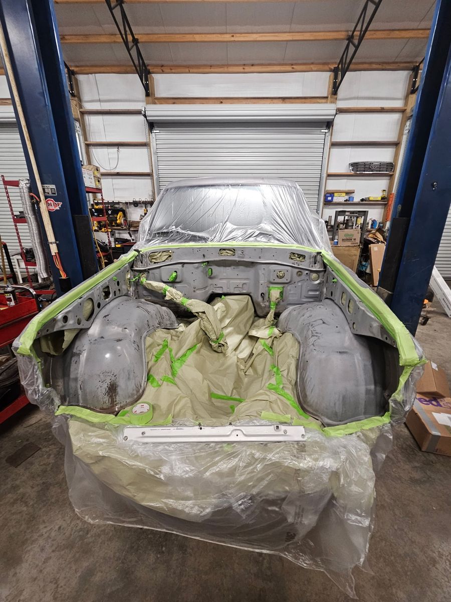 Engine bay masked and prepped